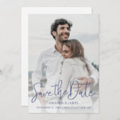 Foto Bewaar de datum met elegante blauwe typografi Save The Date (Voorkant / Achterkant)