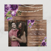 Foto Bewaar De Datum Rustiek Hout Paarse Bloemen Save The Date (Voorkant / Achterkant)