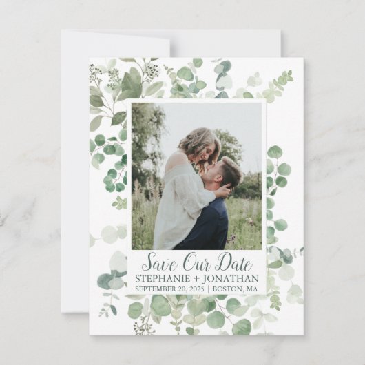 Foto Bewaar onze datum met Green Eucalyptus Lijst Save The Date (Voorkant)
