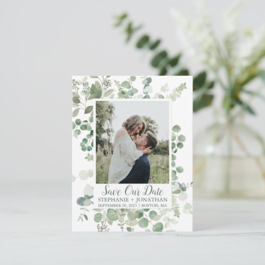 Foto Bewaar onze datum met Green Eucalyptus Lijst Save The Date (Staand voorkant)