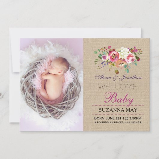Foto: Birth Announcement Baby Girl Stats Burlap Aankondiging (Voorkant)