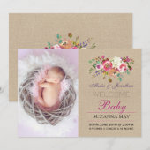 Foto: Birth Announcement Baby Girl Stats Burlap Aankondiging (Voorkant / Achterkant)