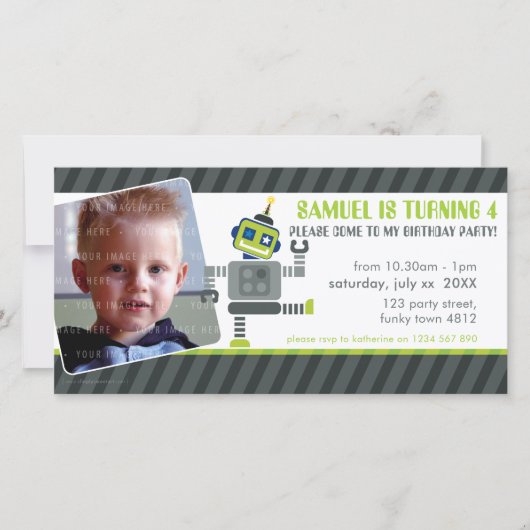 FOTO BIRTHDAY PARTIJ INVITE : robot danst 1L (Voorkant)