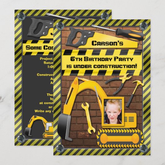 Foto: Birthday Party Tools and Digger Kaart (Voorkant / Achterkant)