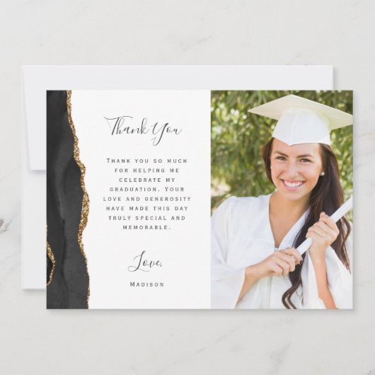 Foto Black Agate Gold Script Afstuderen Bedankkaart (Voorkant)