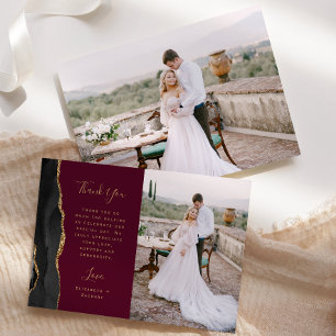 Foto Black Agate Gold Script Bourgogne Wedding Bedankkaart
