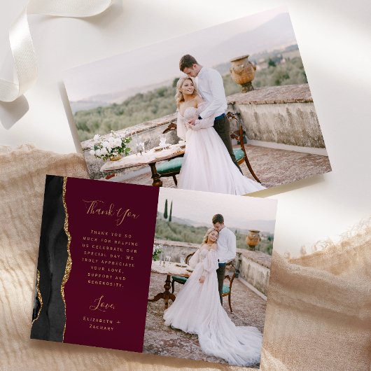 Foto Black Agate Gold Script Bourgogne Wedding Bedankkaart
