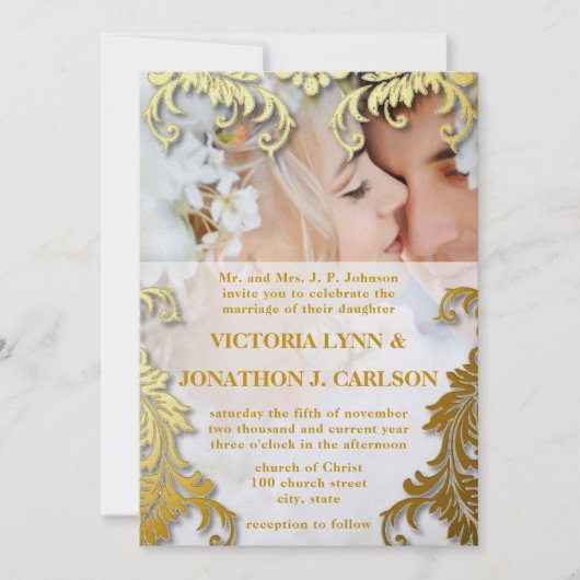 Foto: Black and Gold Swirl Wedding Invitation Kaart (Voorkant)