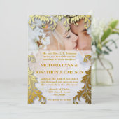 Foto: Black and Gold Swirl Wedding Invitation Kaart (Staand voorkant)