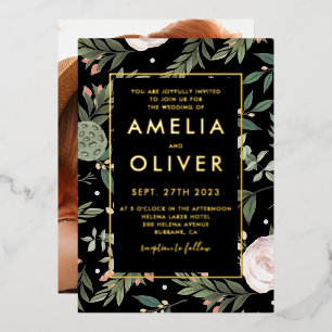 Foto: Black Blush Floral Wedding Gold Foil Folie Uitnodiging