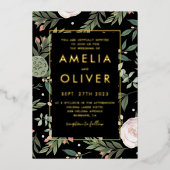 Foto: Black Blush Floral Wedding Gold Foil Folie Uitnodiging (Voorkant)