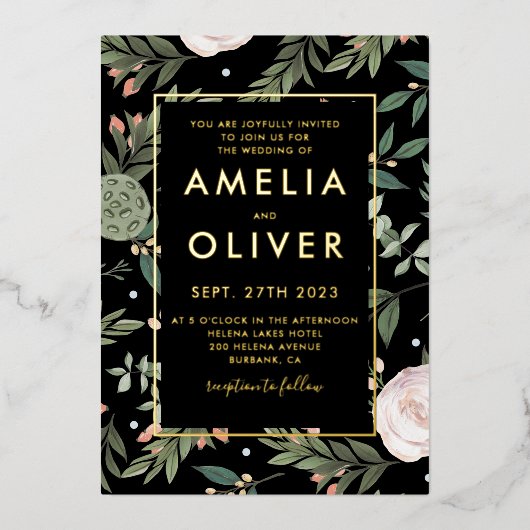 Foto: Black Blush Floral Wedding Gold Foil Folie Uitnodiging (Voorkant)