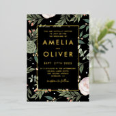 Foto: Black Blush Floral Wedding Gold Foil Folie Uitnodiging (Staand Voorkant)
