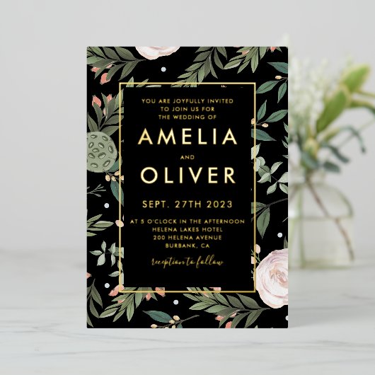 Foto: Black Blush Floral Wedding Gold Foil Folie Uitnodiging (Staand Voorkant)