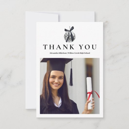 Foto Black Bow Disco Ball Graduation Party Bedankkaart (Voorkant)