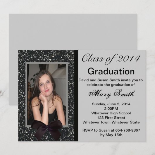 Foto: Black Glitter Afstuderen Invitation Kaart (Voorkant / Achterkant)