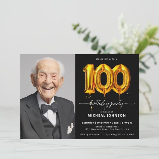 Foto Black Gold 100e verjaardag uitnodiging (Staand voorkant)