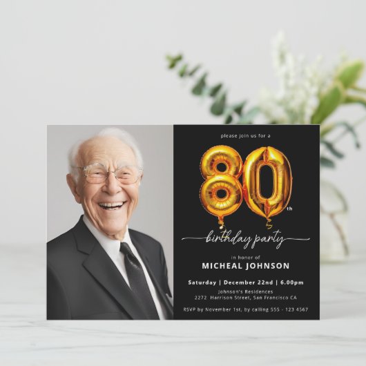 Foto Black Gold 80e verjaardag uitnodiging (Staand voorkant)