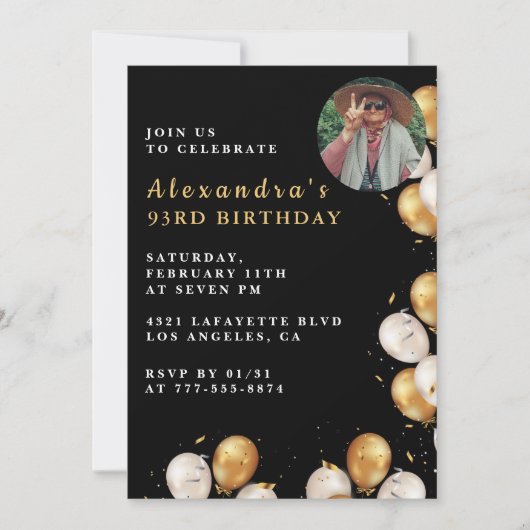 Foto Black Gold Balloon 93e verjaardag Kaart (Voorkant)