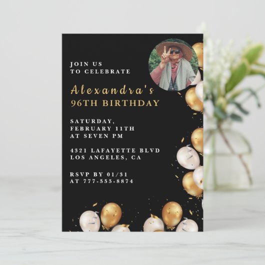 Foto Black Gold Balloon 96e verjaardag Kaart (Staand voorkant)
