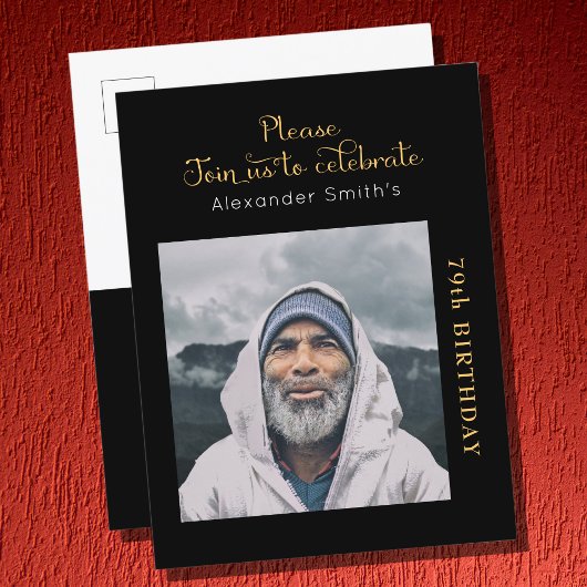 Foto: Black Gold Script Birthday Uitnodiging Briefkaart