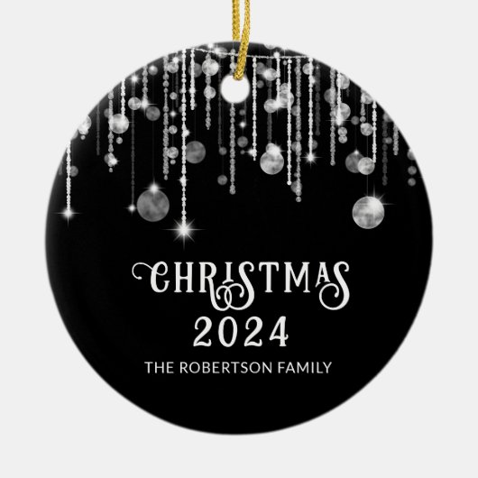 Foto Black String Lights Kerstfeest Keramisch Ornament (Voorkant)