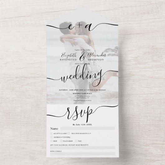 Foto: Black white initialen script bruiloft All In One Uitnodiging (Binnen)