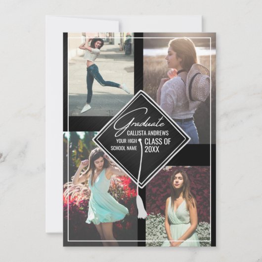 Foto: Black White Pet en Tassel Framed Afstuderen Kaart (Voorkant)