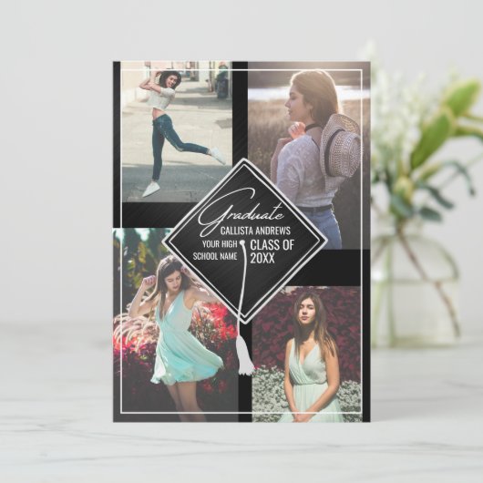 Foto: Black White Pet en Tassel Framed Afstuderen Kaart (Staand voorkant)