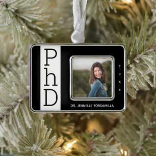 Foto: Black White PhD Afstuderen Kerstmenorang Verzilverd Omlijst Ornament
