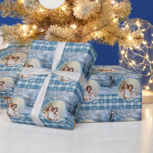 Foto Blau Kerstmis Plaid Winter Cadeaupapier