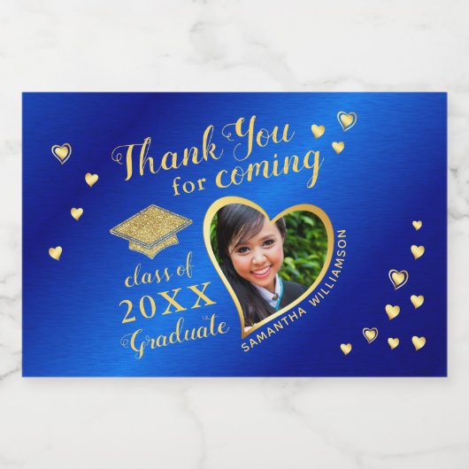 Foto Blauw Goud Bedankt Klasse van 2025 Afstuderen Sparkling Wijnetiket (Enkel label)