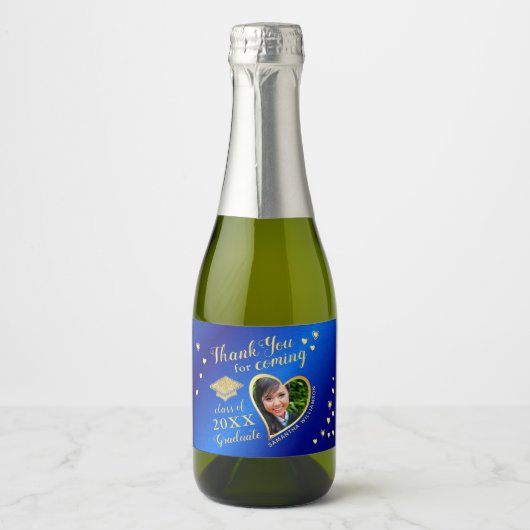 Foto Blauw Goud Bedankt Klasse van 2025 Afstuderen Sparkling Wijnetiket (Voorkant)