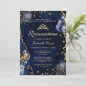 Foto Blauw Goud Bloemagaat Quinceanera Kaart (Staand voorkant)