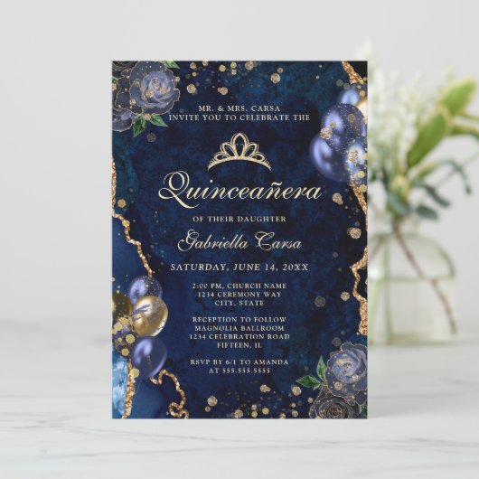 Foto Blauw Goud Bloemagaat Quinceanera Kaart (Staand voorkant)