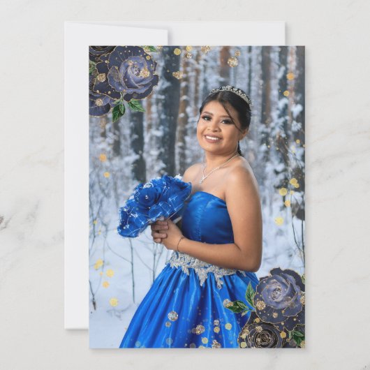 Foto Blauw Goud Bloemagaat Quinceanera Kaart (Achterkant)