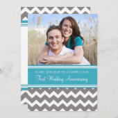 Foto blauw-grijze uitnodiging 1e verjaardagsfeest (Voorkant / Achterkant)