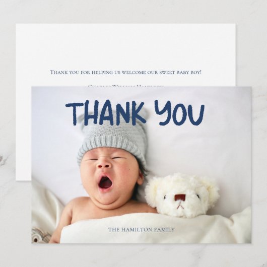 Foto Blauw handgeschreven Baby shower Hartelijk da Bedankkaart (Voorkant / Achterkant)