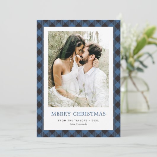 Foto Blauw Plaid Passen getrouwd Vrolijk Kerstfees Feestdagenkaart (Staand voorkant)