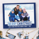 Foto blauw van de moderne pretserie briefkaart<br><div class="desc">Modern Merry Christmas Family Photo Blue Holiday Briefkaart</div>