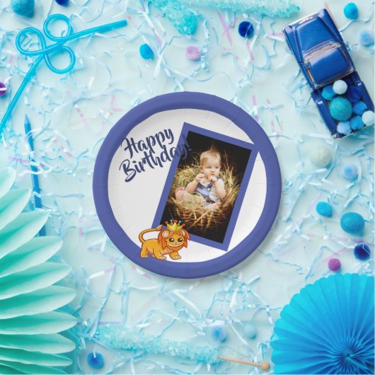 Foto blauw verjaarjongetje papieren bordje (Feest)