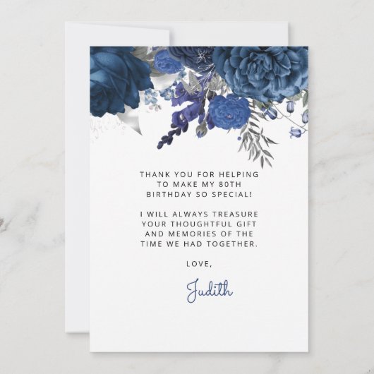 Foto Blauw Zilveren Bloemen 80ste Verjaardagsfeest Bedankkaart (Achterkant)