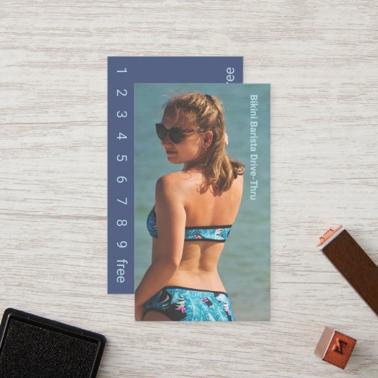 Foto Blauwe Bikini Koffie Drive-Thru Loyalty Kaart (Voorkant / Achterkant in situ)
