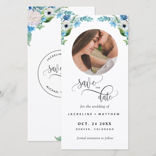 Foto, Blauwe Bloemen Huwelijk Save The Date Boekle (Voorkant / Achterkant)