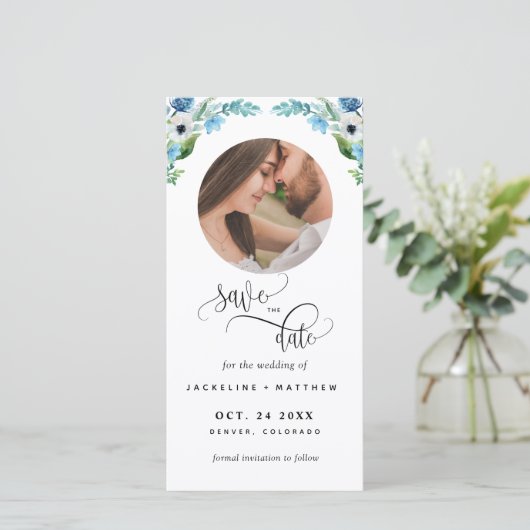 Foto, Blauwe Bloemen Huwelijk Save The Date Boekle (Staand voorkant)