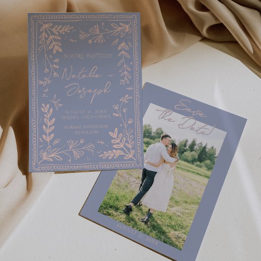 Foto Blauwe Crème Getekende Bloementuin Bewaar De  Save The Date