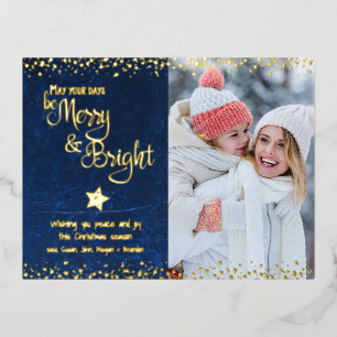 Foto Blauwe Dagen Be Merry Bright Script Echt Goud Folie Feestdagen Briefkaart