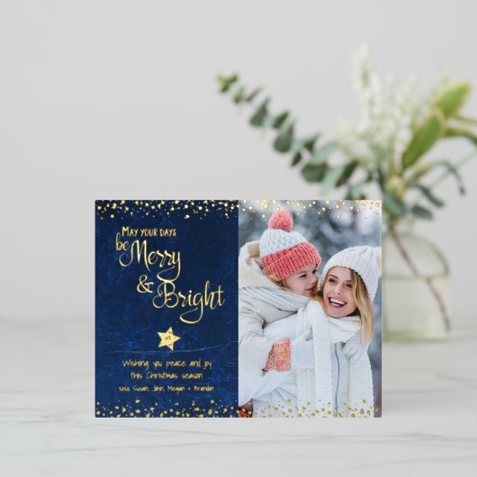 Foto Blauwe Dagen Be Merry Bright Script Echt Goud Folie Feestdagen Briefkaart (Staand Voorkant)