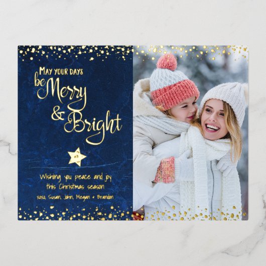 Foto Blauwe Dagen Be Merry Bright Script Echt Goud Folie Feestdagen Briefkaart (Voorkant)
