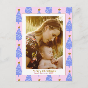 Foto blauwe kerstboom roze modern leuk briefkaart